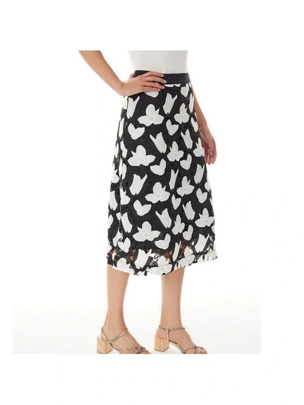 Ming Wang Black Midi Skirt with White Floral Lace Overlay • Sz Medium
